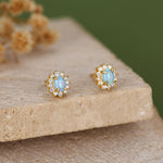 Blue Opal CZ Oval Halo Stud Earrings in Sterling Silver
