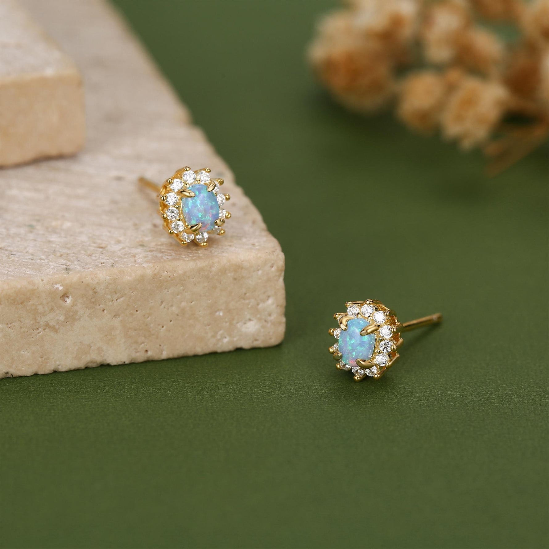 Blue Opal CZ Oval Halo Stud Earrings in Sterling Silver