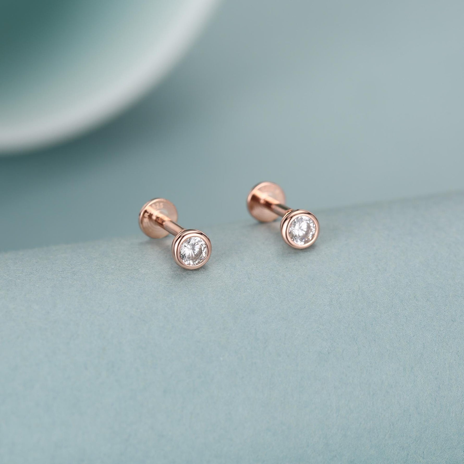 Clear CZ Bezel 16G Internally Threaded Flat Back Earrings in Sterling Silver
