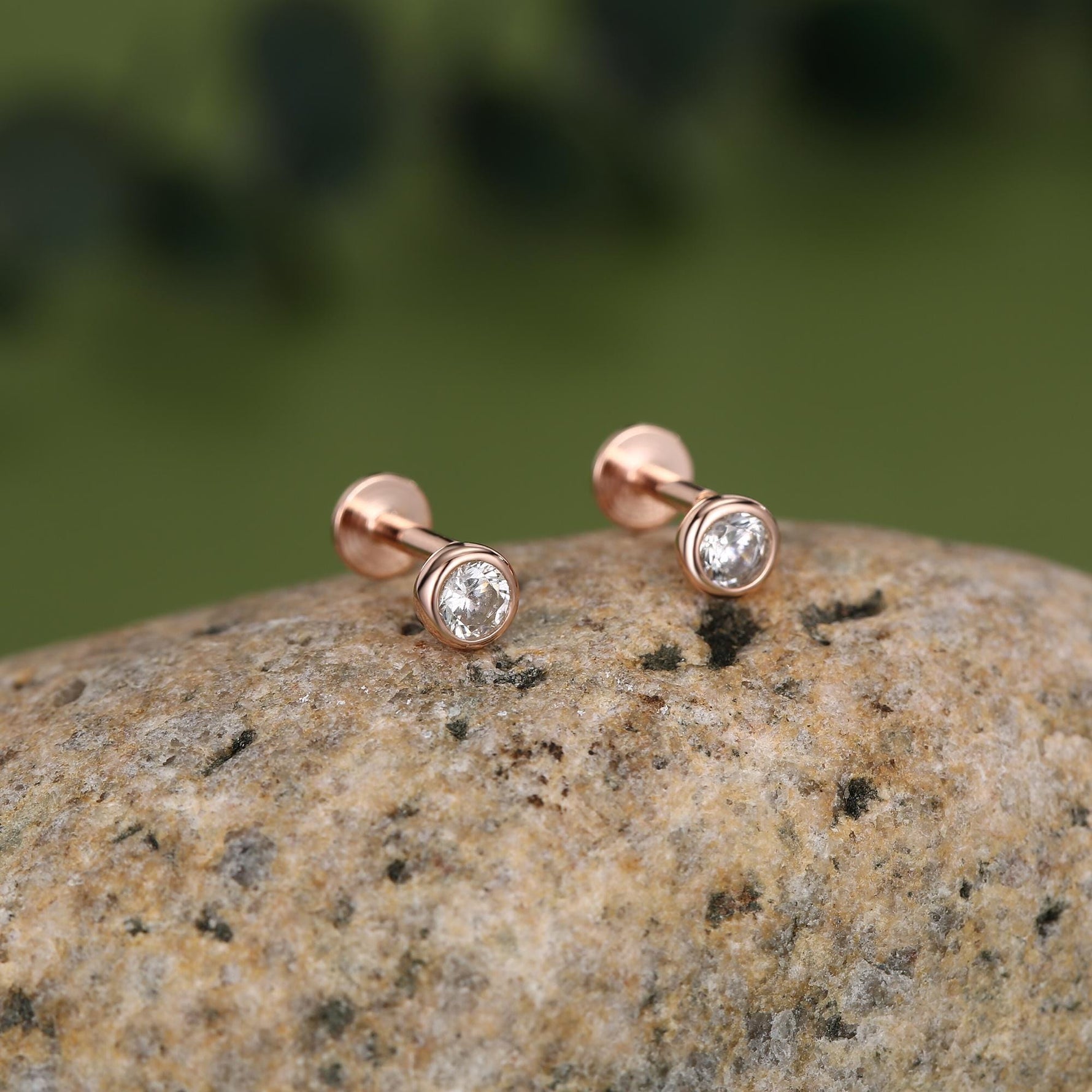 Clear CZ Bezel 16G Internally Threaded Flat Back Earrings in Sterling Silver