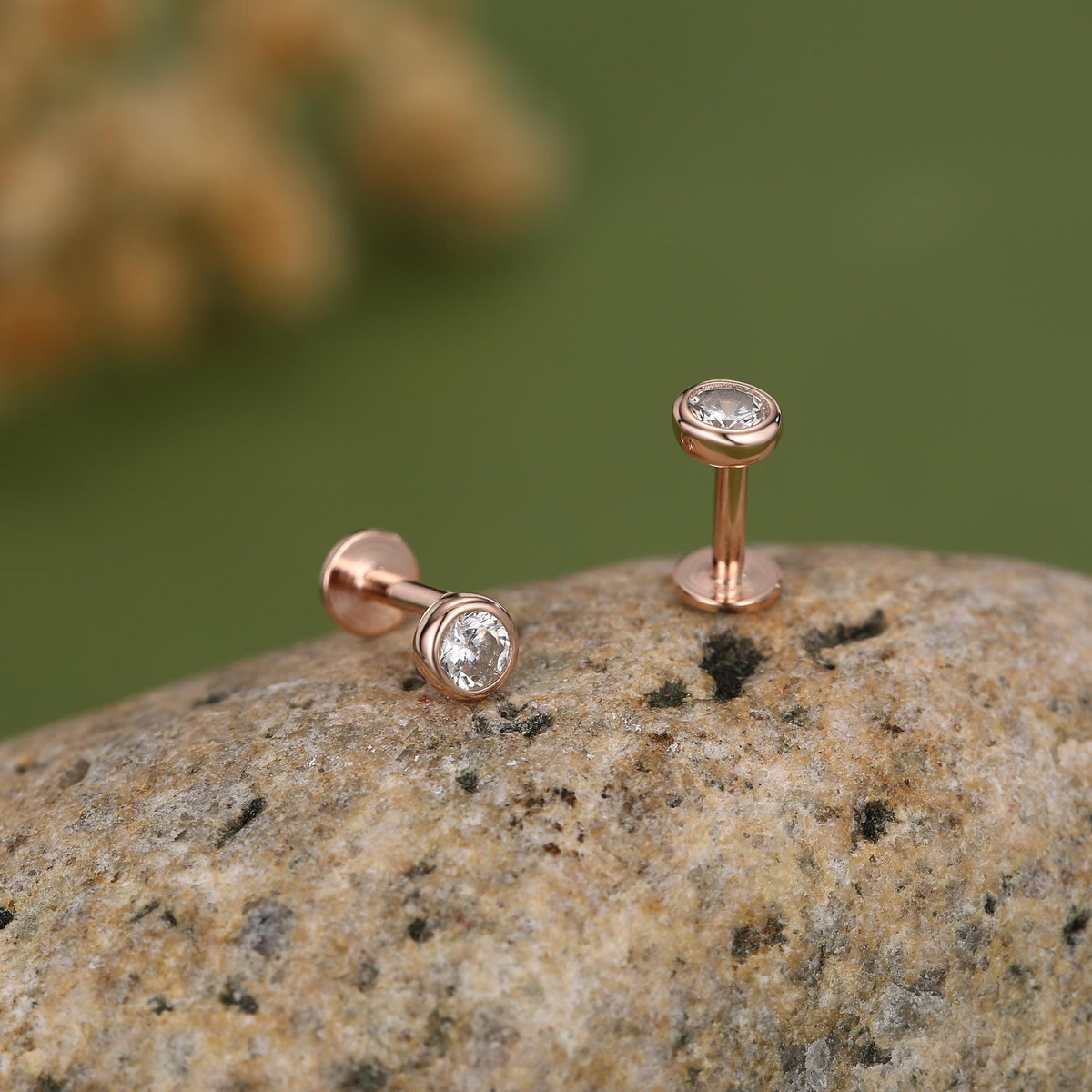 Clear CZ Bezel 16G Internally Threaded Flat Back Earrings in Sterling Silver