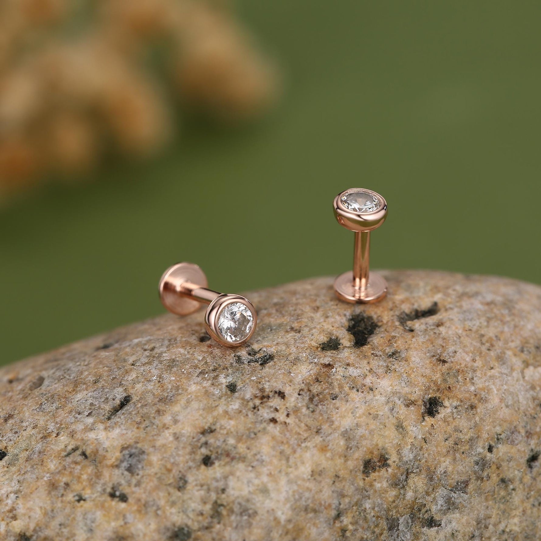 Clear CZ Bezel 16G Internally Threaded Flat Back Earrings in Sterling Silver