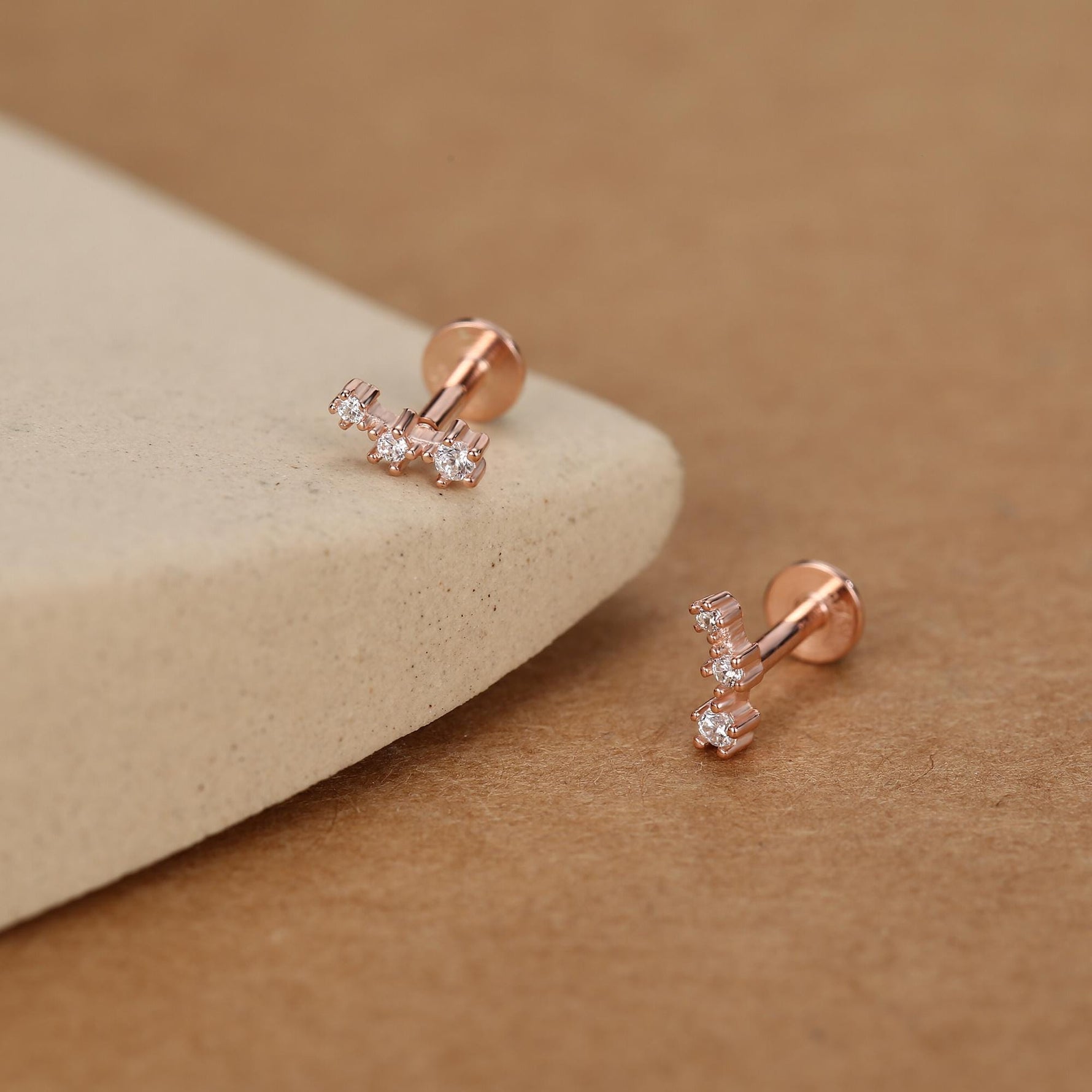 Tiny CZ Trio 16G Internally Threaded Flat Back Earrings in Sterling Silver