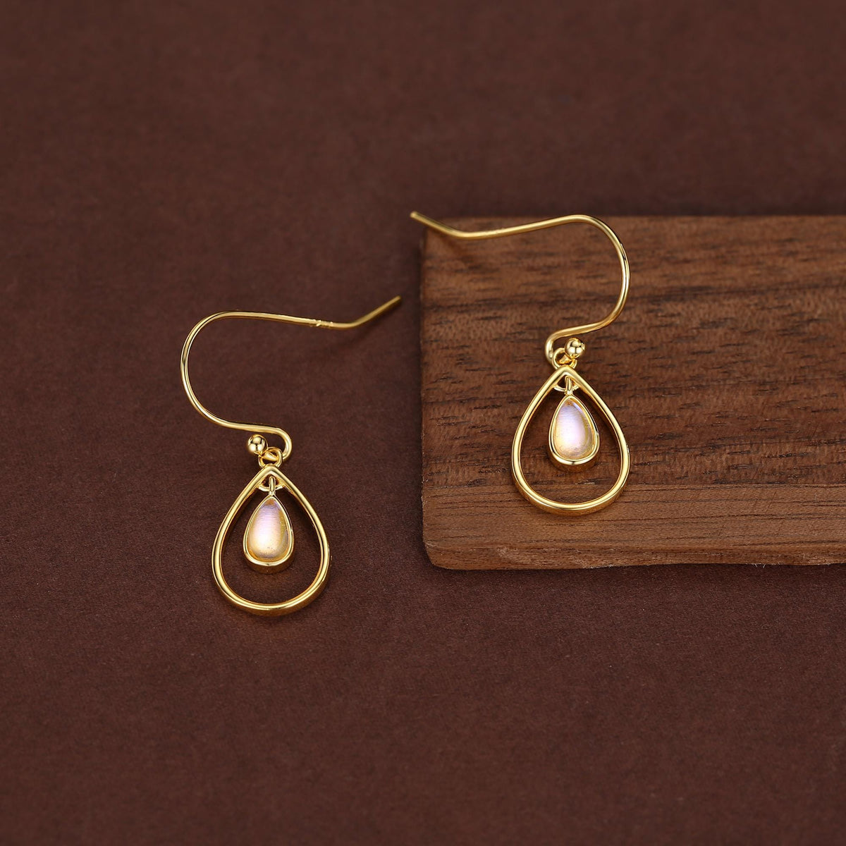 Moonstone Droplet Drop Hook Earrings in Sterling Silver, Delicate Lab Moonstone Geometric Earrings, Moonstone Droplet Dangle Earrings