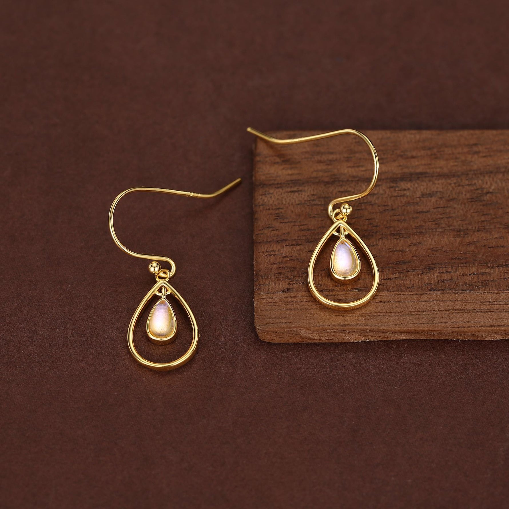 Moonstone Droplet Drop Hook Earrings in Sterling Silver, Delicate Lab Moonstone Geometric Earrings, Moonstone Droplet Dangle Earrings