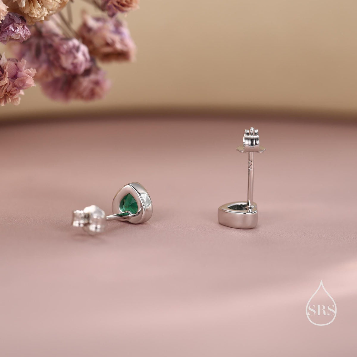 Tiny Emerald Green CZ Heart Stud Earrings in Sterling Silver, Silver or Gold, Green Crystal Heart Earrings, Stacking Earrings