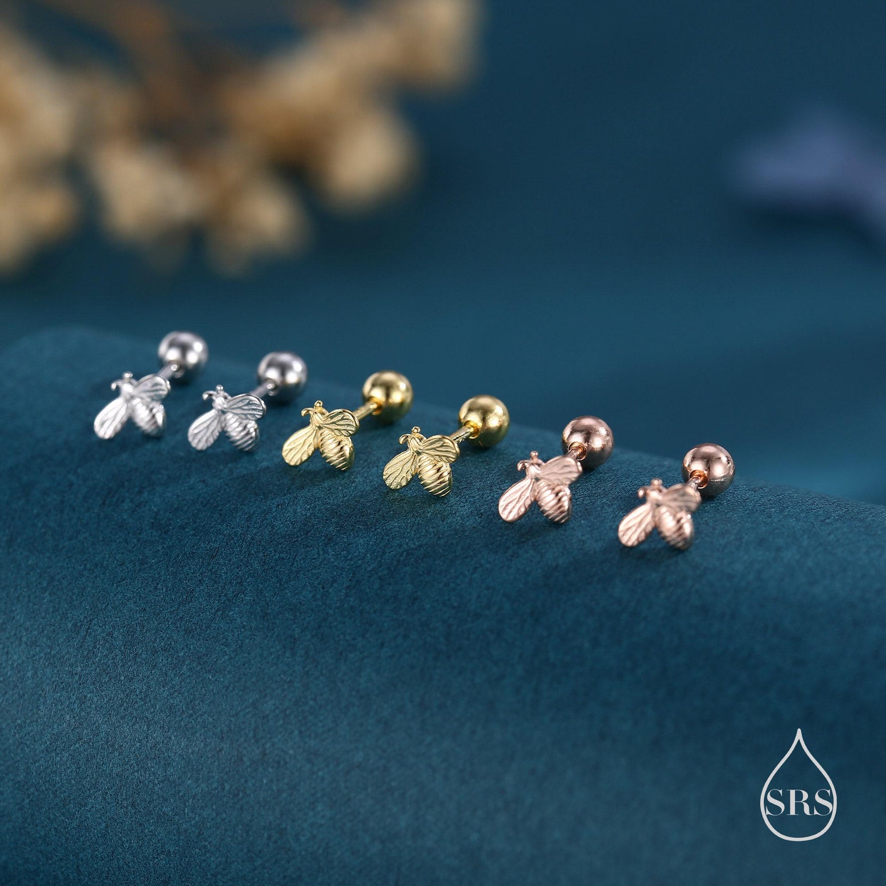 Tiny Bumble Bee 18G Screw Back Earrings in Sterling Silver, Animal Earrings