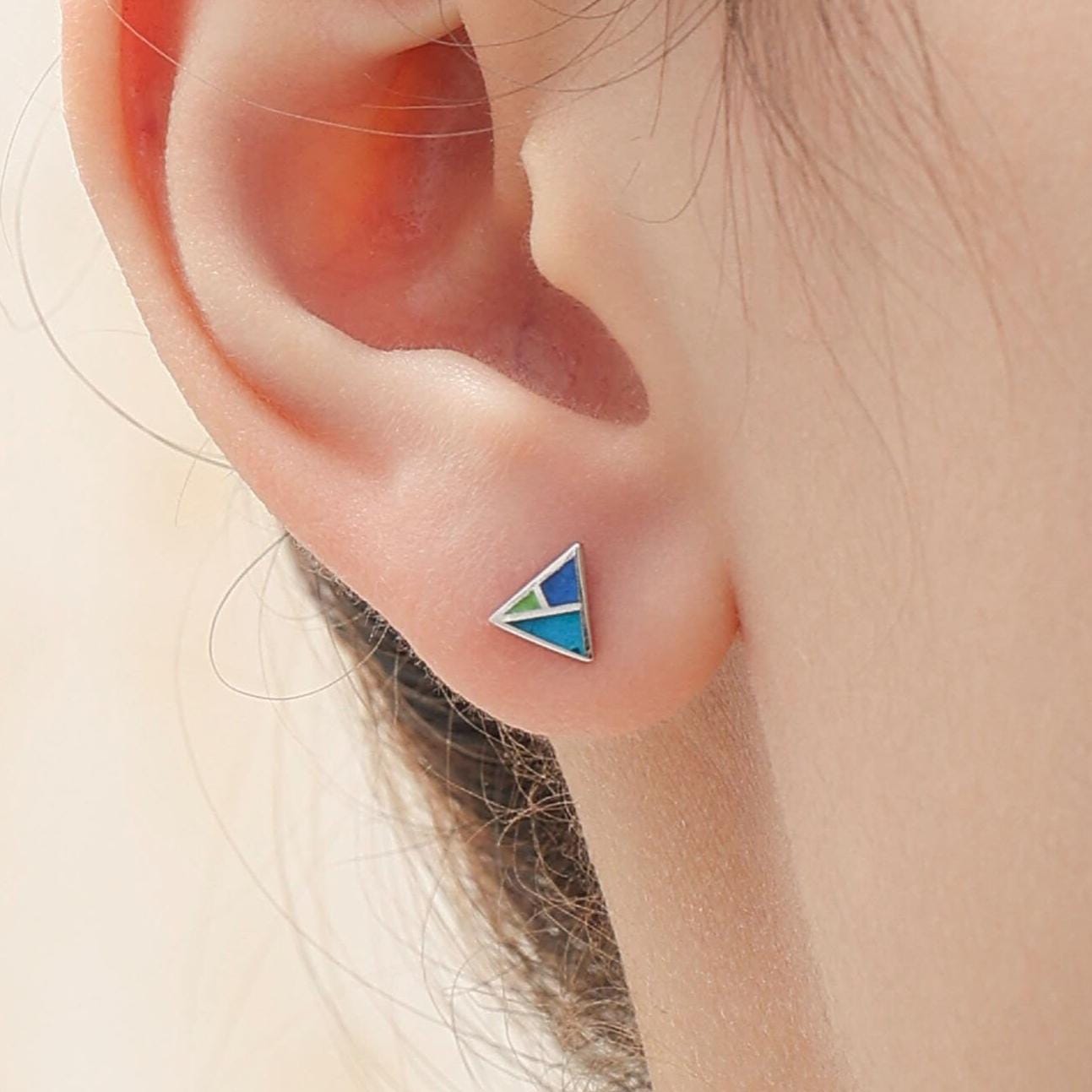 Enamel Triangle Stud Earrings in Sterling Silver, Hand Painted Enamel Triangle Earrings, Triangle Stud