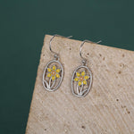 Sterling Silver Enamel Daffodil Oval Drop Earrings