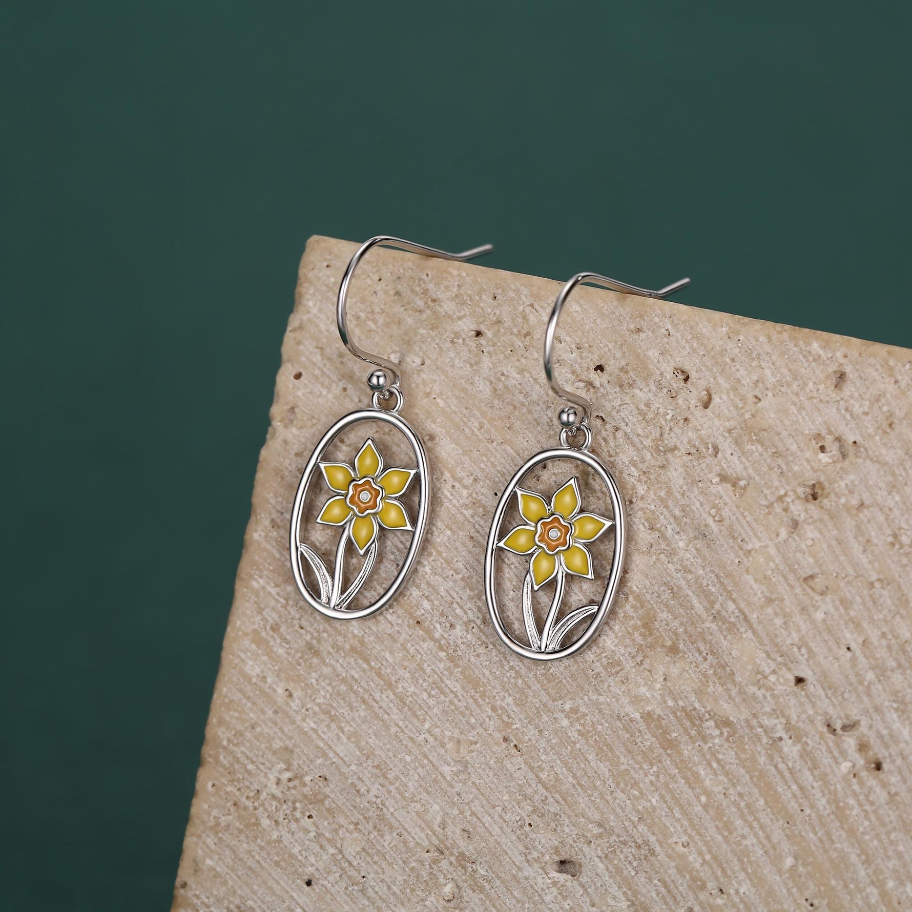 Sterling Silver Enamel Daffodil Oval Drop Earrings