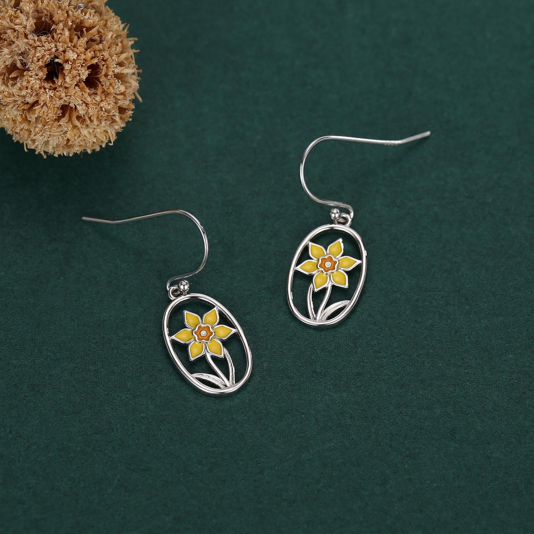 Sterling Silver Enamel Daffodil Oval Drop Earrings