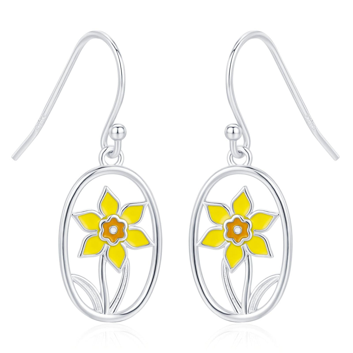 Sterling Silver Enamel Daffodil Oval Drop Earrings