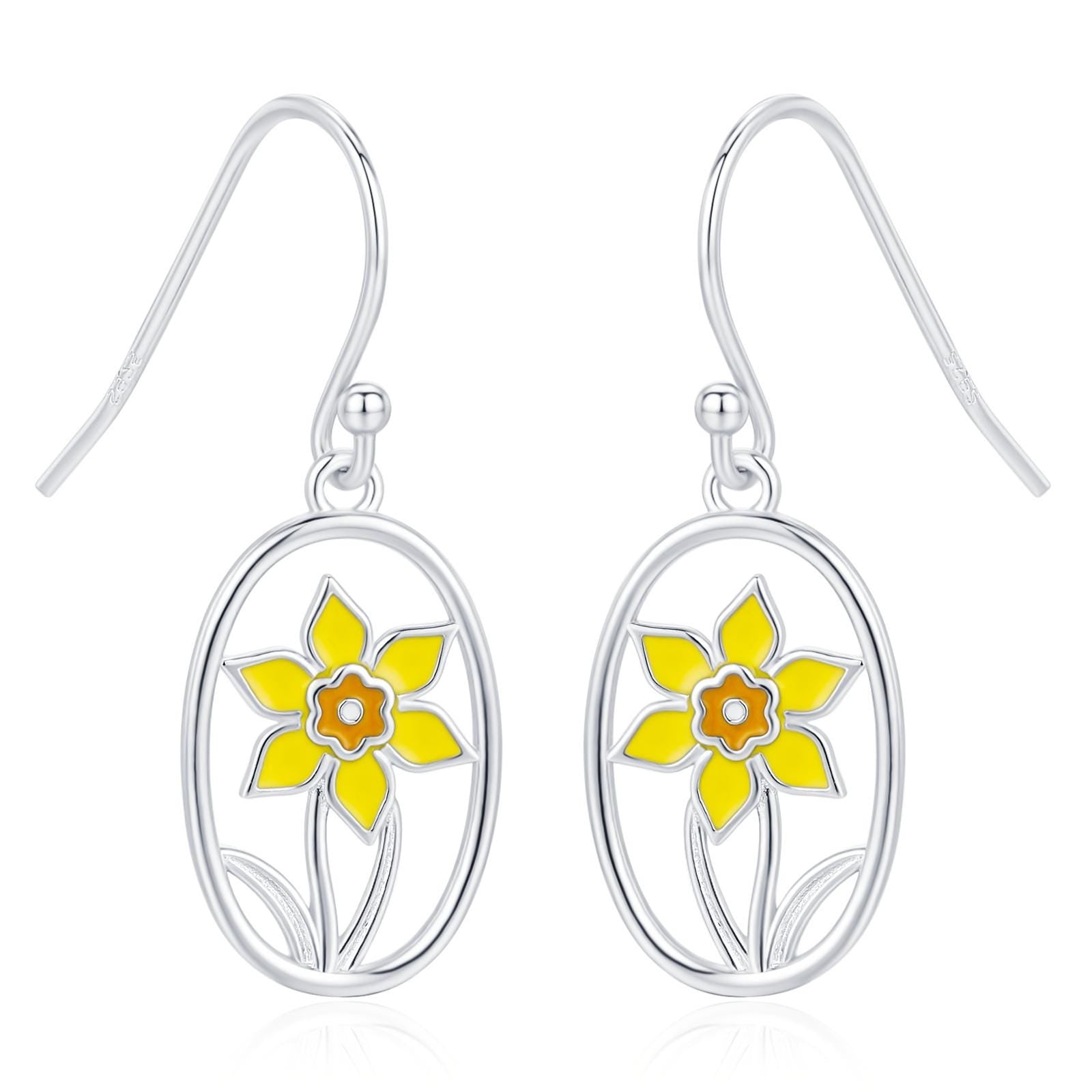 Sterling Silver Enamel Daffodil Oval Drop Earrings