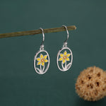 Sterling Silver Enamel Daffodil Oval Drop Earrings