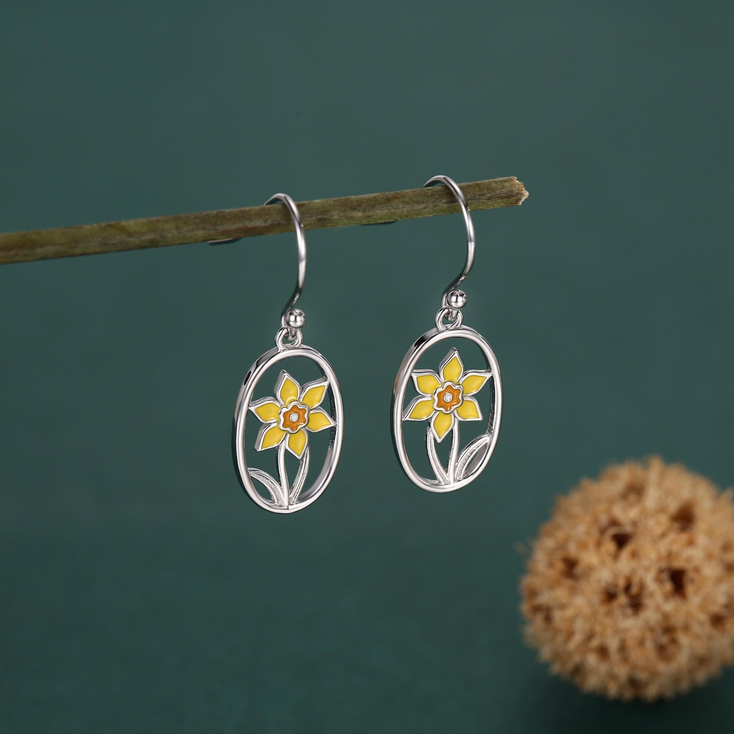 Sterling Silver Enamel Daffodil Oval Drop Earrings