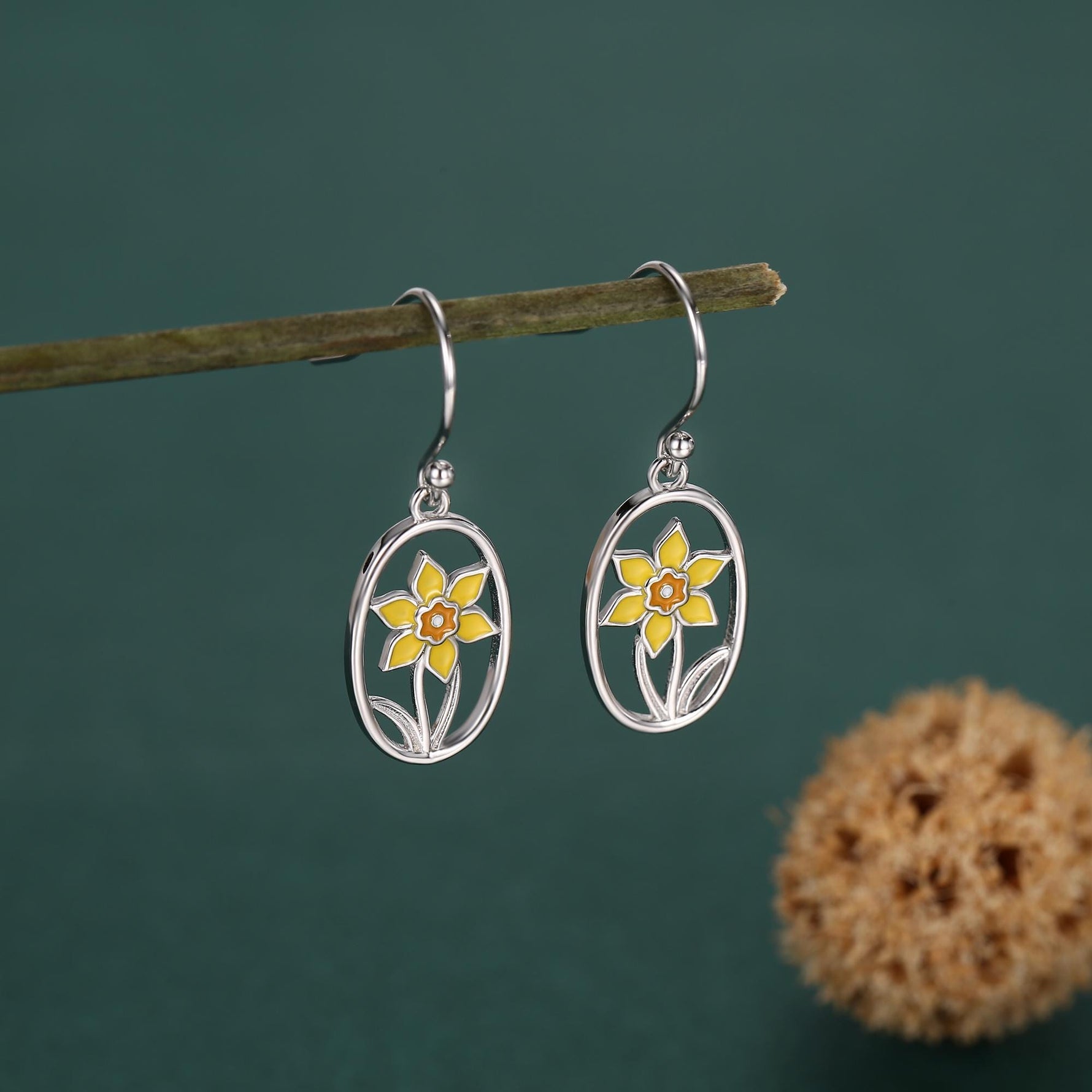 Sterling Silver Enamel Daffodil Oval Drop Earrings