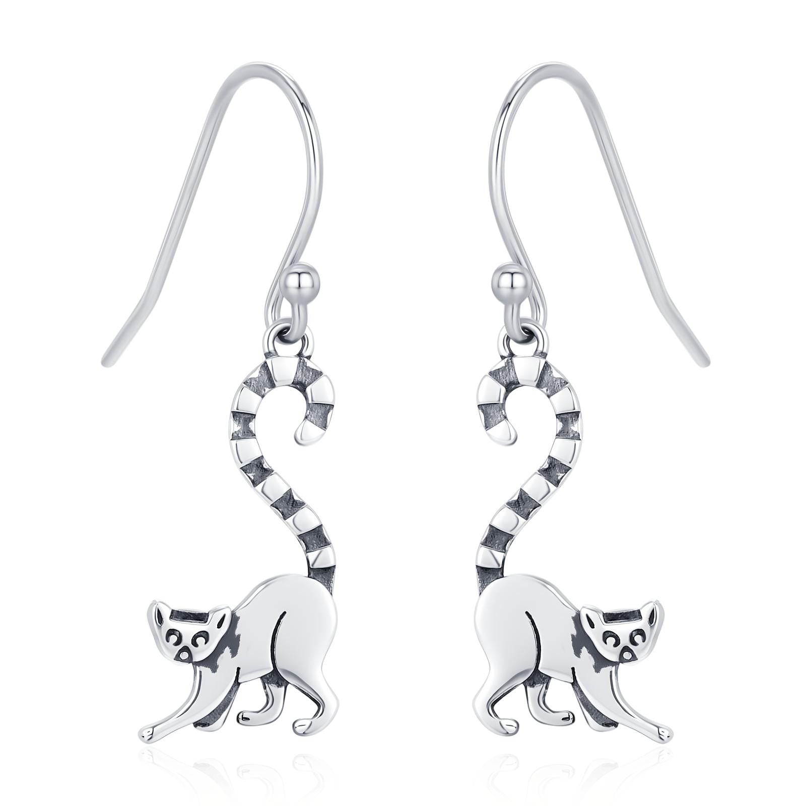 Sterling Silver Ring-Tailed Lemur Drop Earrings