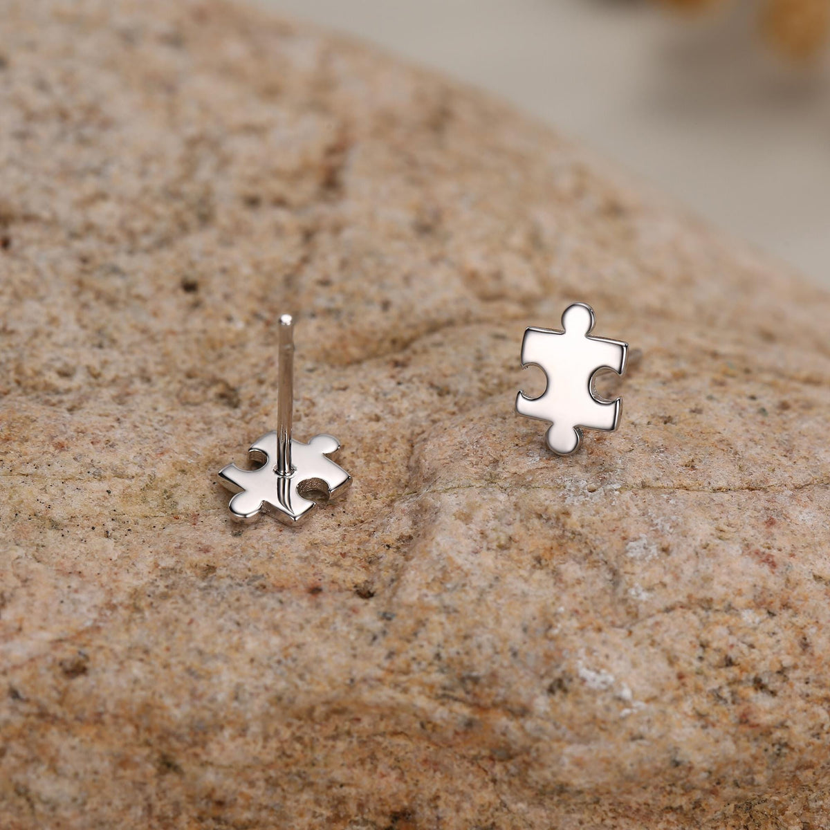 Small Jigsaw Stud Earrings in Sterling Silver, Silver Jigsaw Piece Earrings