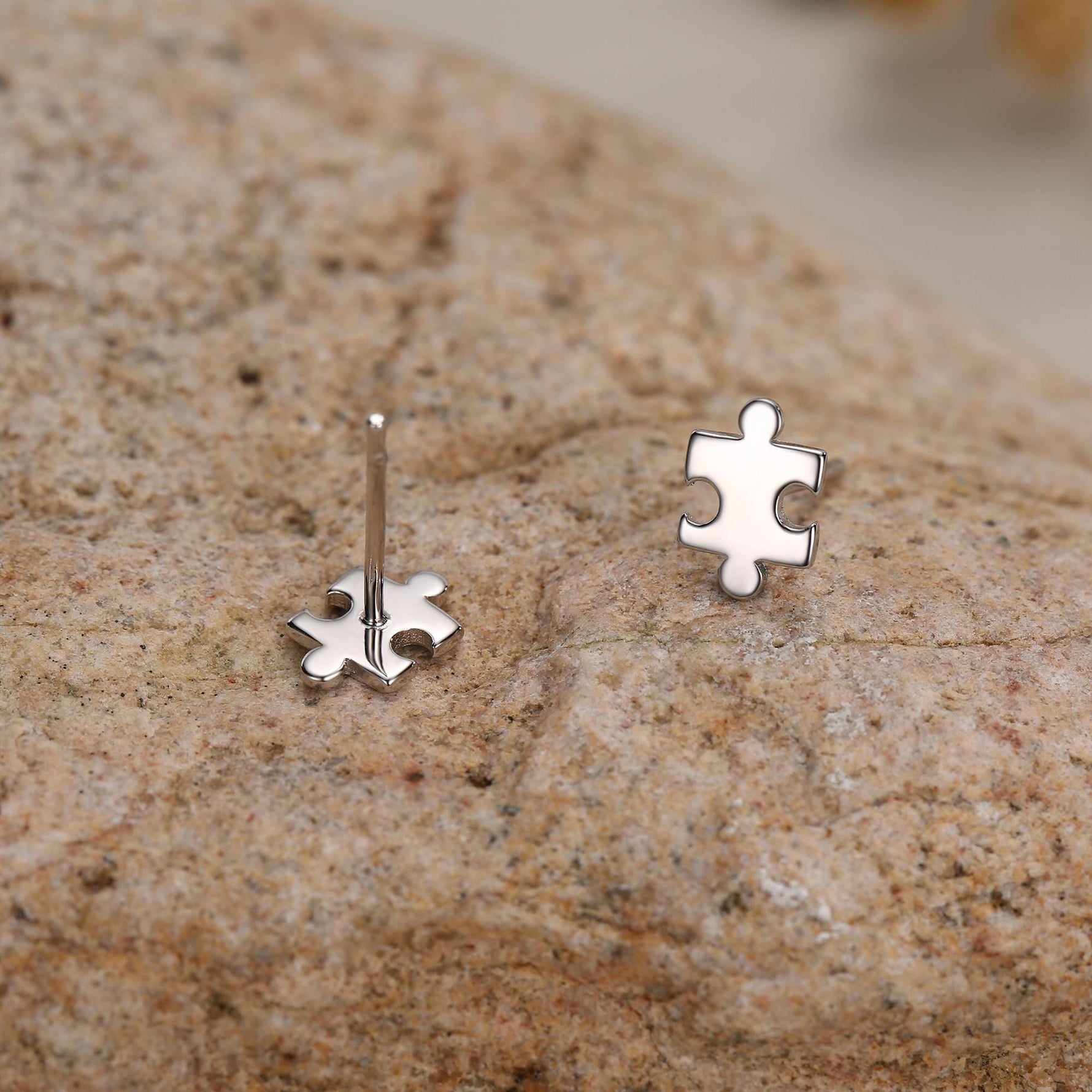Small Jigsaw Stud Earrings in Sterling Silver, Silver Jigsaw Piece Earrings