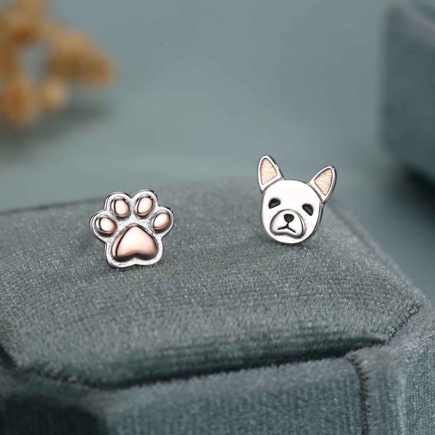 Mismatched French Bulldog and Paw Print Stud Earrings in Sterling Silver - Dog Paw Stud Earrings - Two Tone Finish - Pet Lover