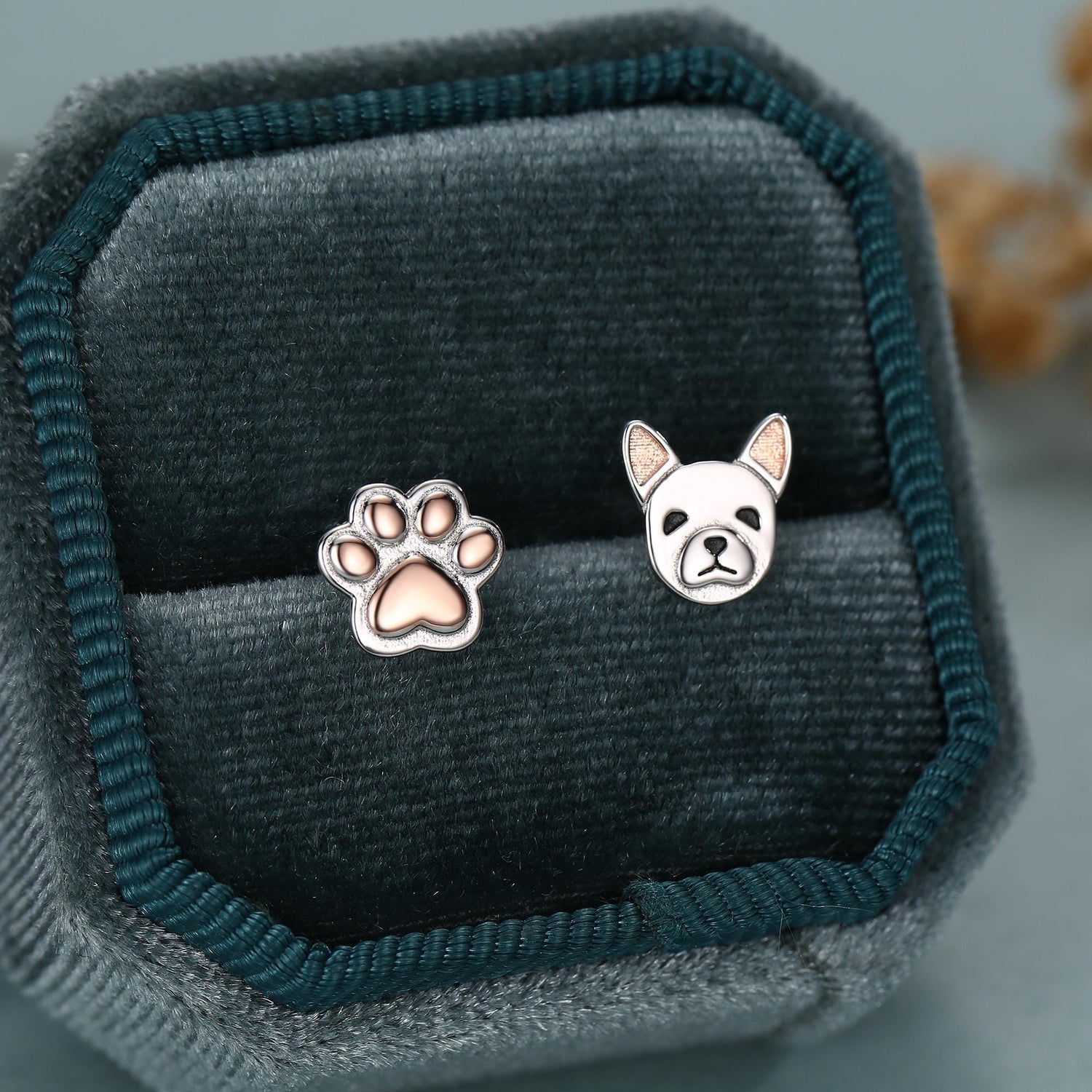 Mismatched French Bulldog and Paw Print Stud Earrings in Sterling Silver - Dog Paw Stud Earrings - Two Tone Finish - Pet Lover