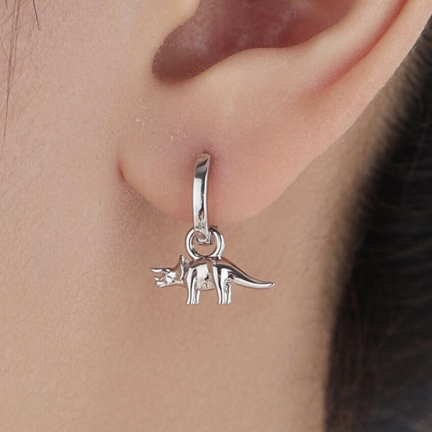 Sterling Silver Triceratops Dinosaur Dangle Hoop Earrings, Silver, Gold or Rose Gold, Triceratops Huggie Hoops, Interchangeable Detachable