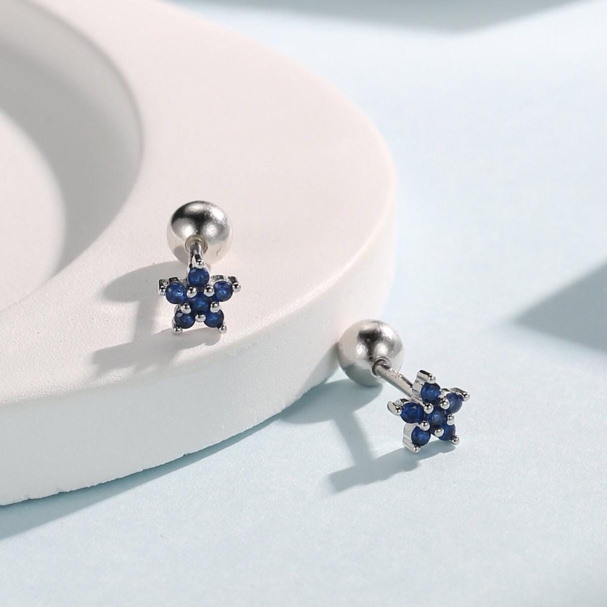 Sapphire Blue Flower CZ Screw Back Earrings in Sterling Silver, Forget Me Not Floral CZ Earrings, Silver or Gold, Flower CZ Earrings