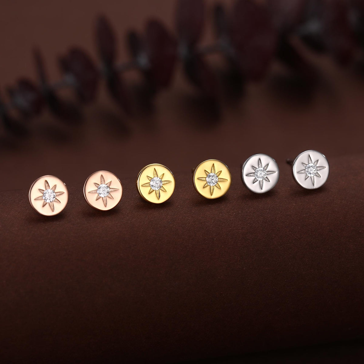 Starburst Disk Stud Earrings in Sterling Silver, Silver or Gold or Rose Gold, Star Earrings, Sunburst Earrings, Celestial Jewellery