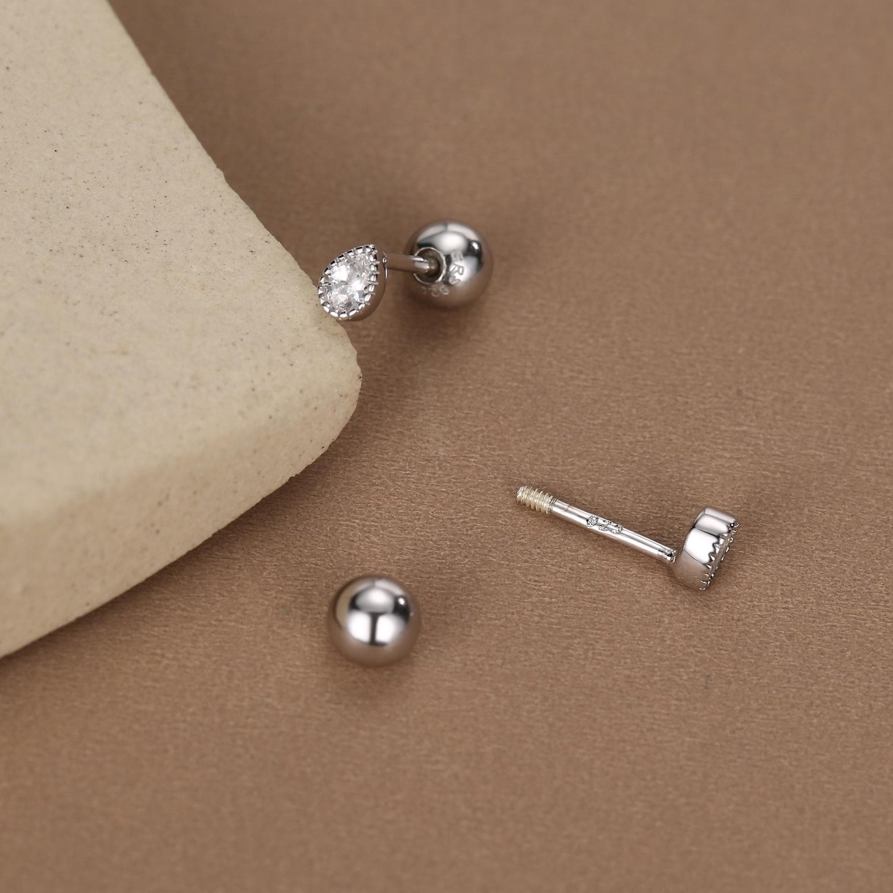Sterling Silver Tiny Teardrop CZ 18G Screw Back Earrings