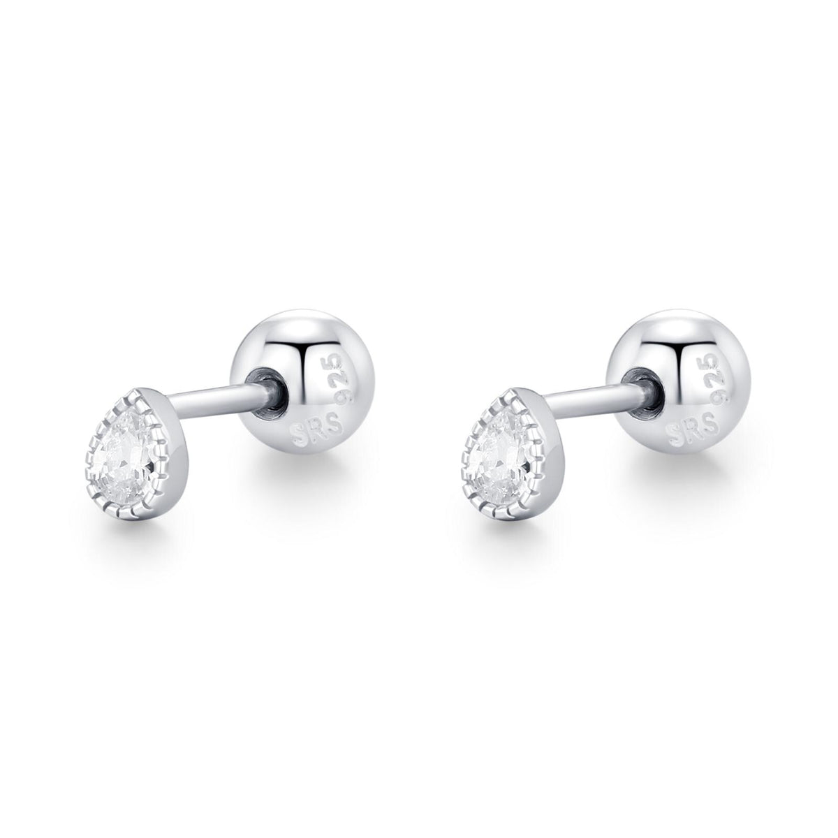 Sterling Silver Tiny Teardrop CZ 18G Screw Back Earrings