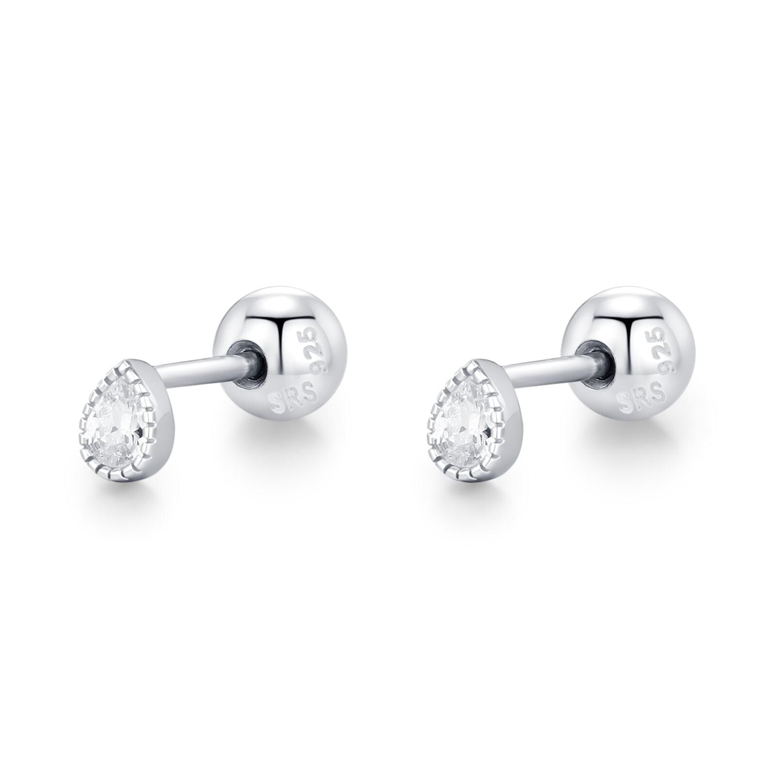 Sterling Silver Tiny Teardrop CZ 18G Screw Back Earrings