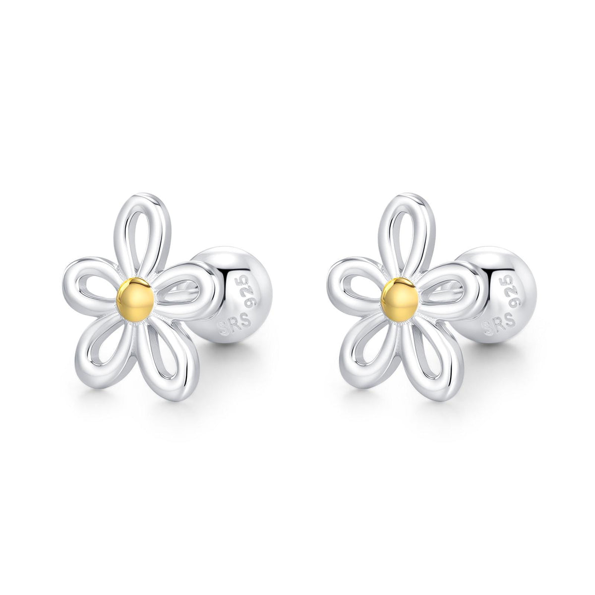 Sterling Silver Two Tone Daisy 18G Screw Back Earrings