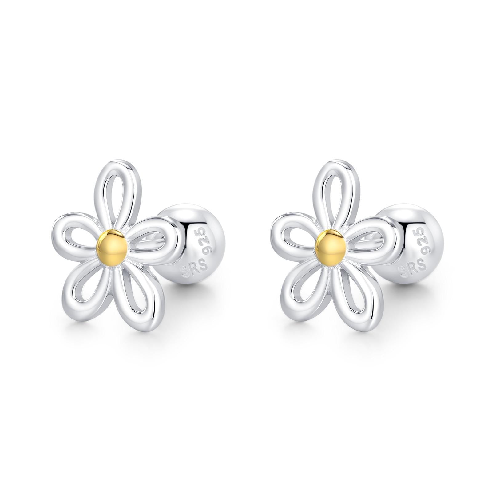 Sterling Silver Two Tone Daisy 18G Screw Back Earrings
