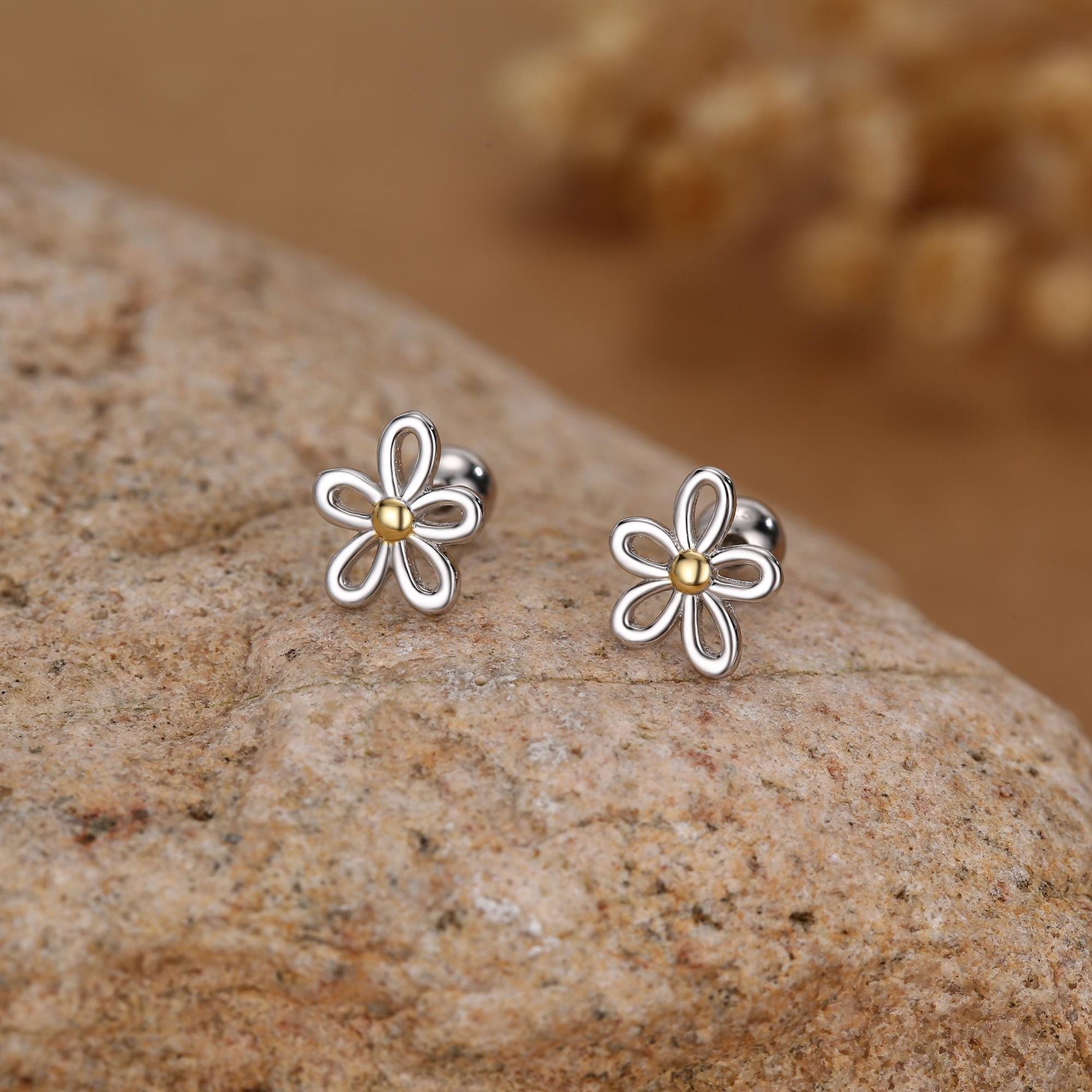Sterling Silver Two Tone Daisy 18G Screw Back Earrings
