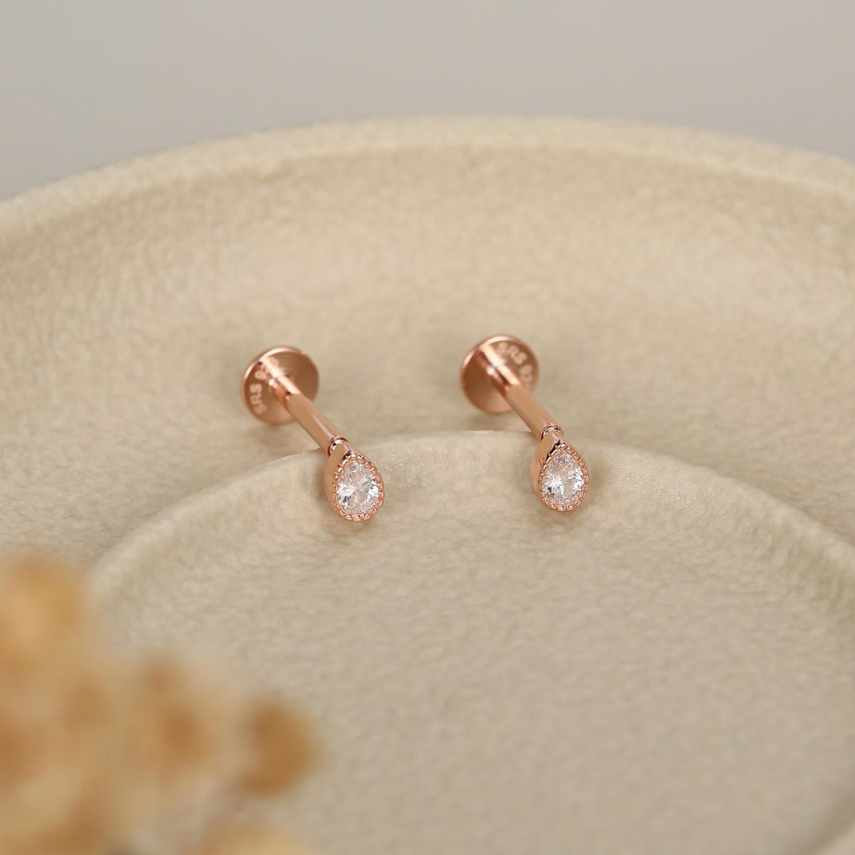 Sterling Silver Tiny Teardrop CZ 16G Flat Back Labret Earrings