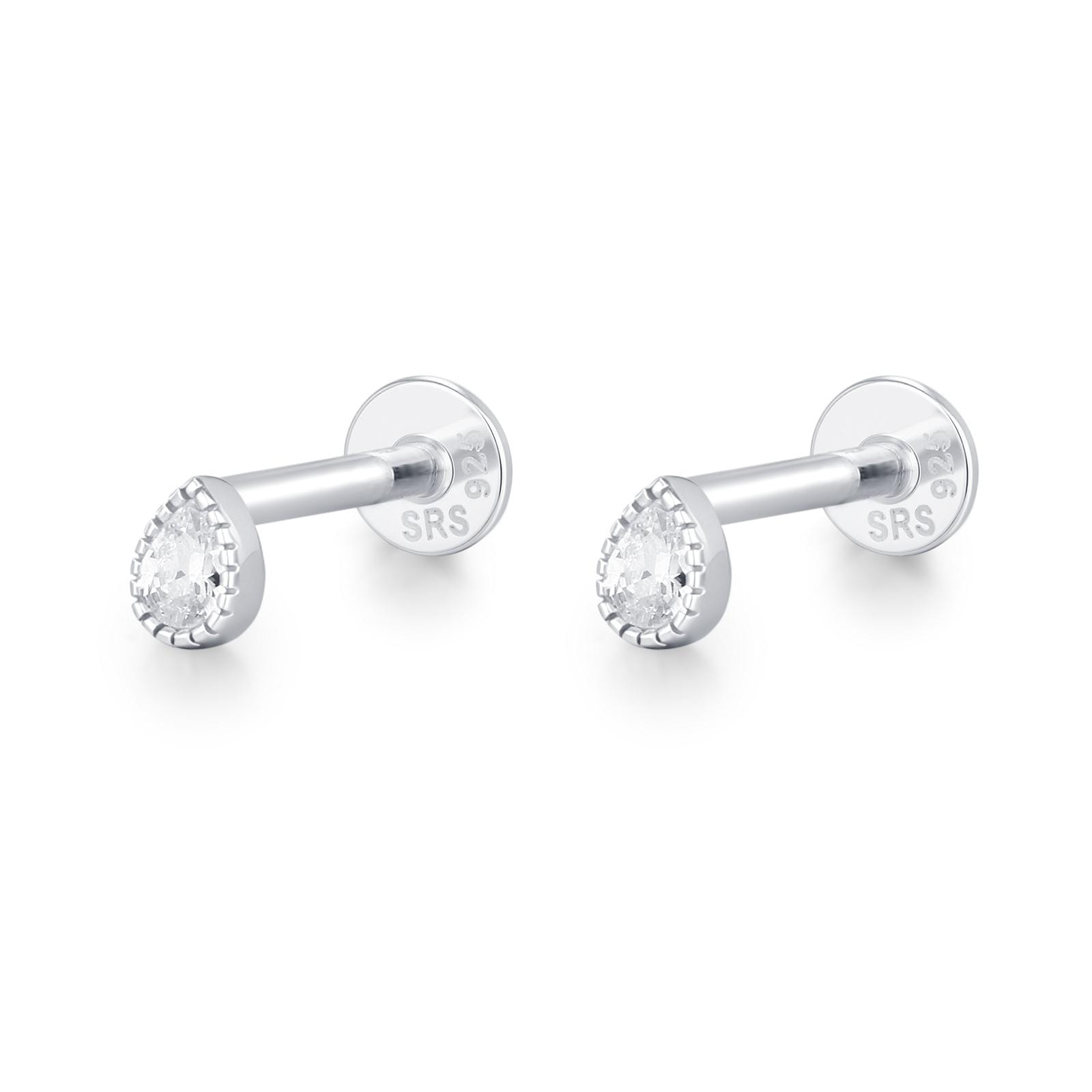 Sterling Silver Tiny Teardrop CZ 16G Flat Back Labret Earrings