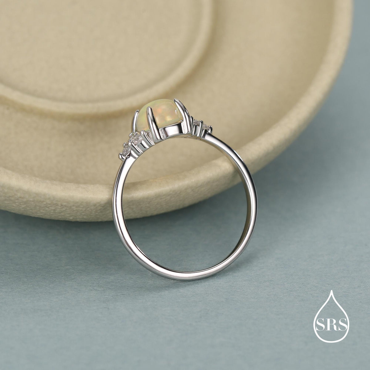 Sterling Silver Genuine Opal and CZ Oval Ring