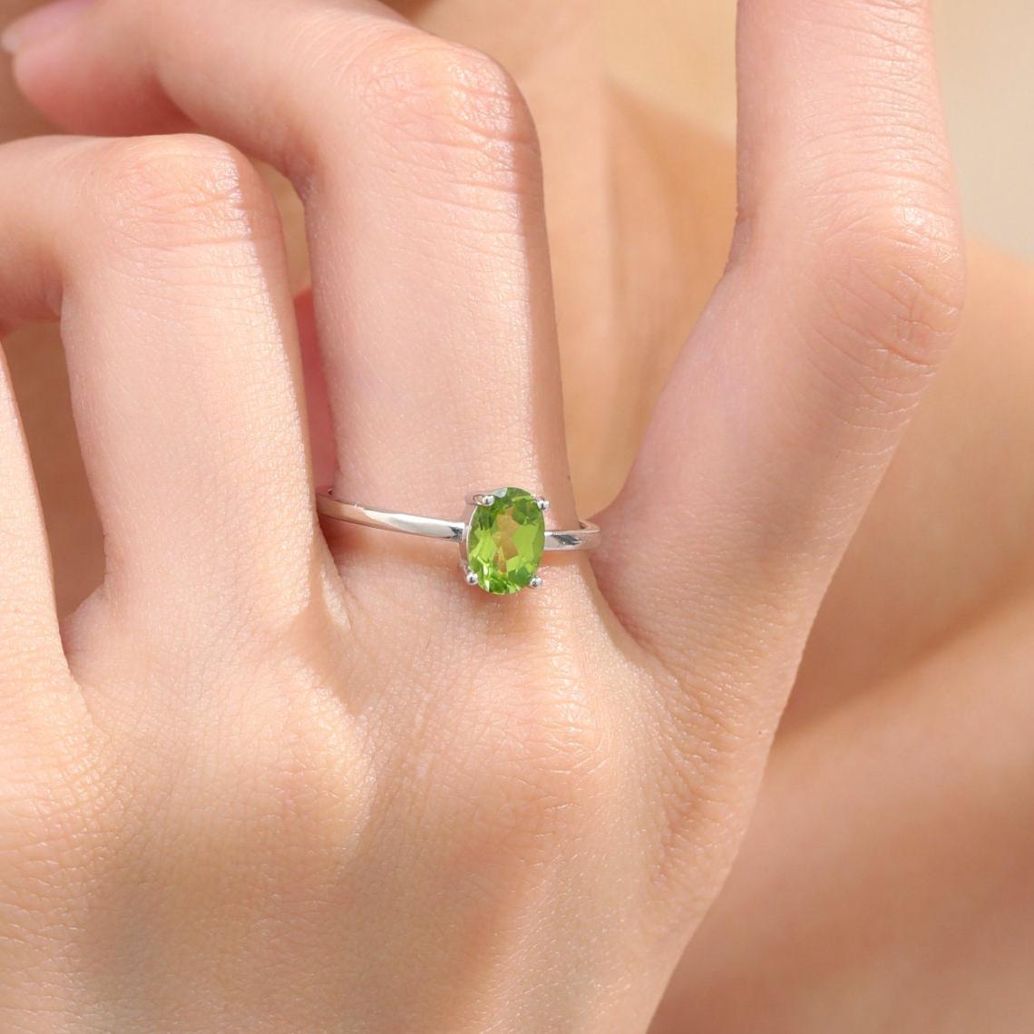 Natural 1 Carat Peridot Oval Ring in Sterling Silver, 5x7mm, Prong Set Oval Cut, US Size 5 6 7 8 , Genuine Peridot Ring, August Birthstone
