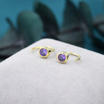 May include: A pair of gold hoop earrings with a purple gemstone in the centre of each hoop.