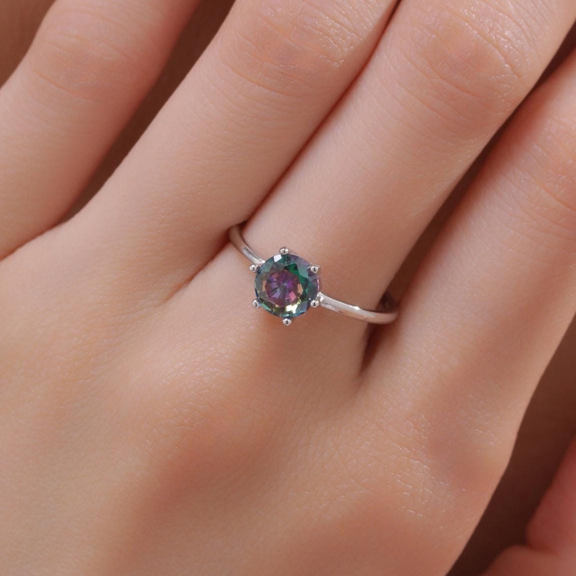 1 Carat Mystic Black CZ Ring in Sterling Silver, 6mm Mystic Topaz CZ Ring, US Size 5-8, Six Prong Ring, Colour Changing Black Crystal Ring