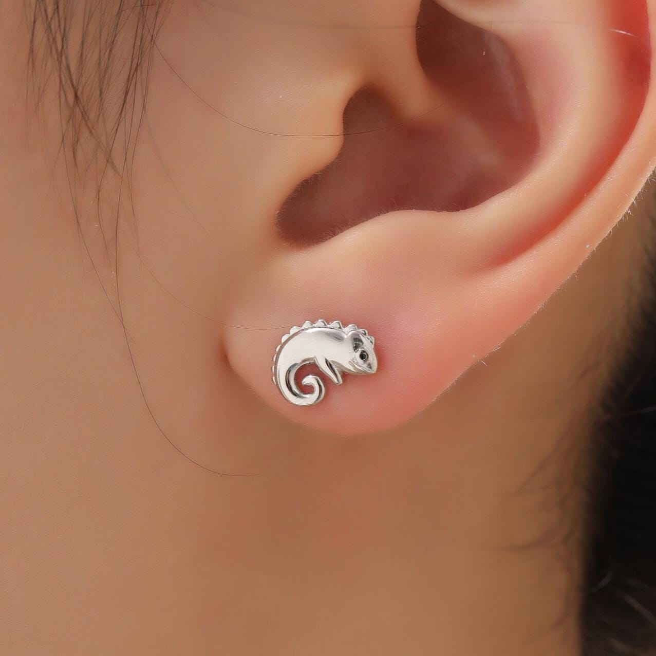 Chameleon Stud Earrings in Sterling Silver, Lizard Stud, Cute Animal Earrings, Nature Inspired Earrings