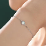 Delicate White Opal and CZ Bracelet in Sterling Silver, Simulated Fire Opal Bracelet, Silver Single Opal Bracelet with Satellite Chain