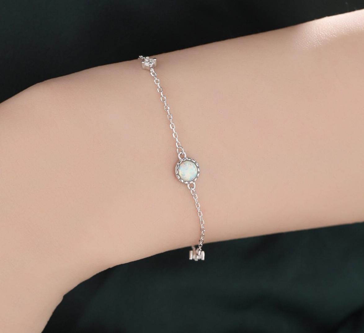 Delicate White Opal and CZ Bracelet in Sterling Silver, Simulated Fire Opal Bracelet, Silver Single Opal Bracelet with Satellite Chain