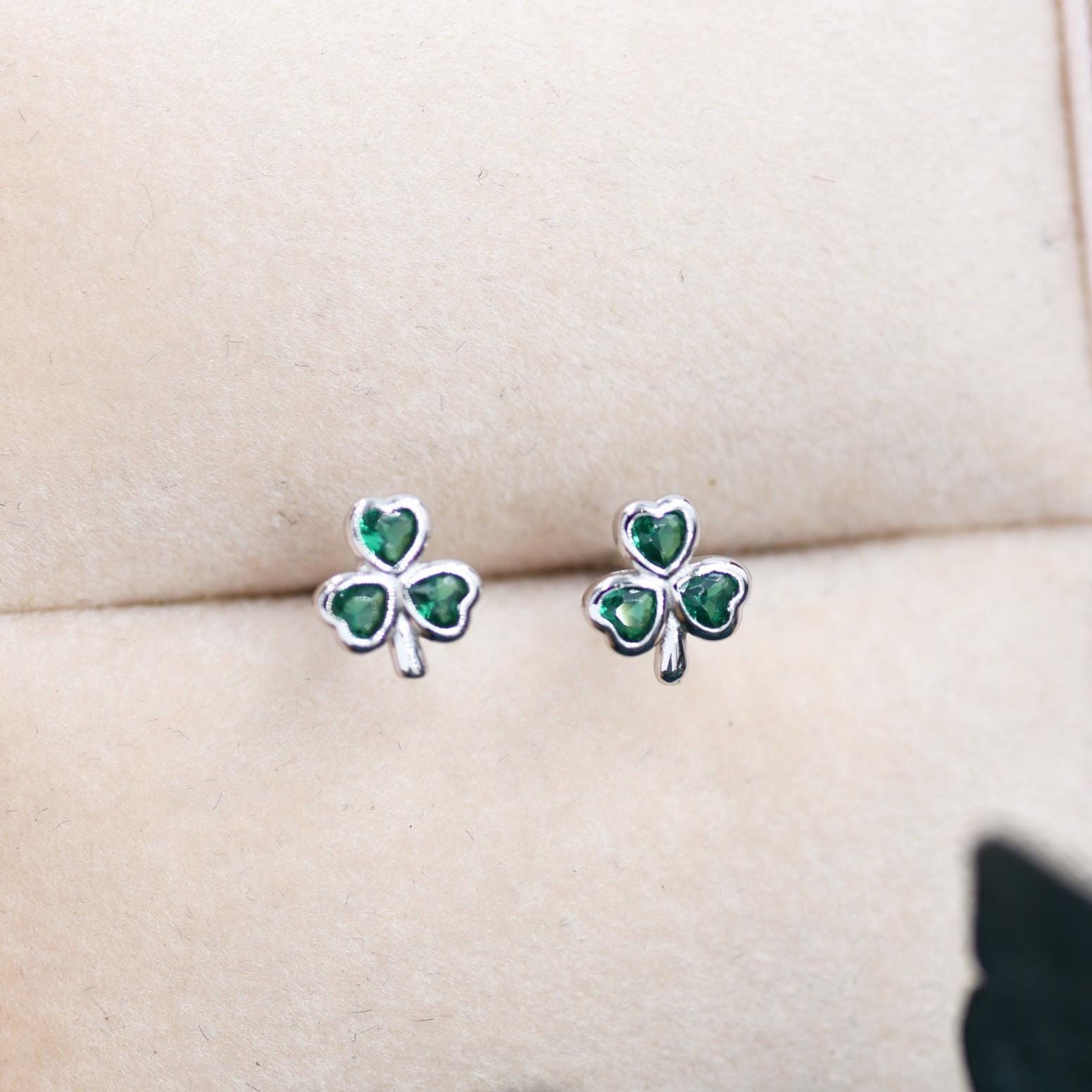 Green CZ Shamrock Tiny Stud Earrings in Sterling Silver, Clover Earrings, Irish Earrings, Silver or Gold Flower Earrings