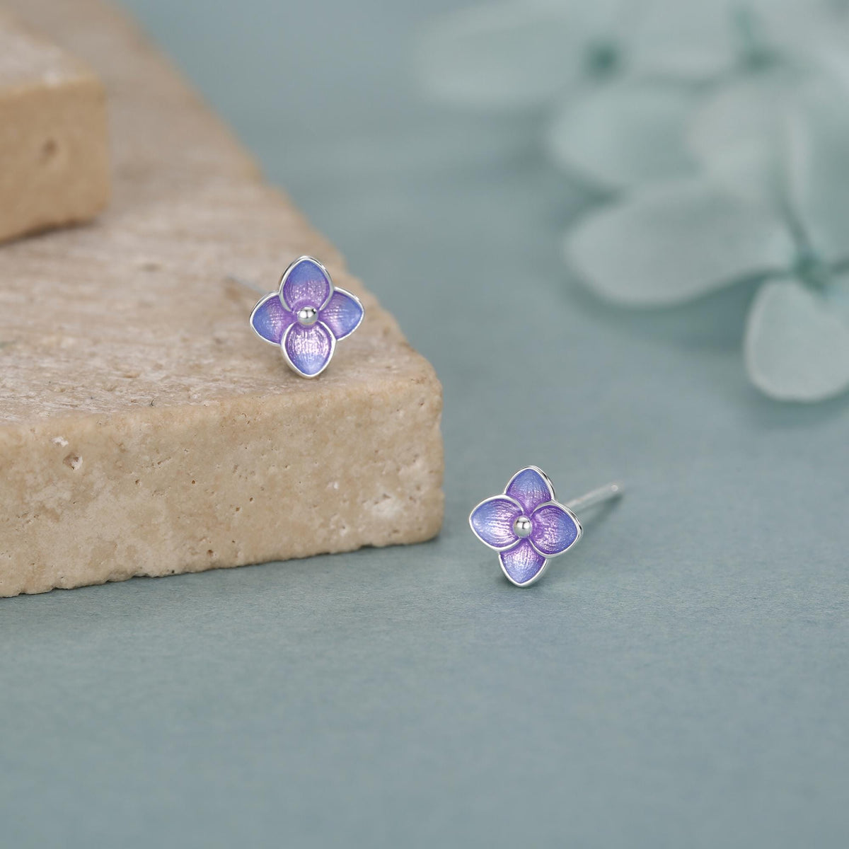 Sterling Silver Purple Hydrangea Enamel Stud Earrings