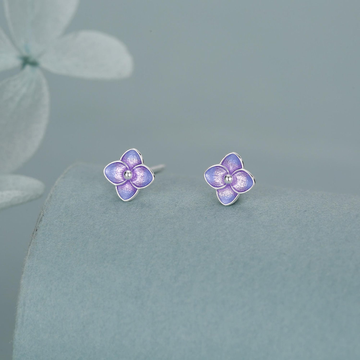 Sterling Silver Purple Hydrangea Enamel Stud Earrings