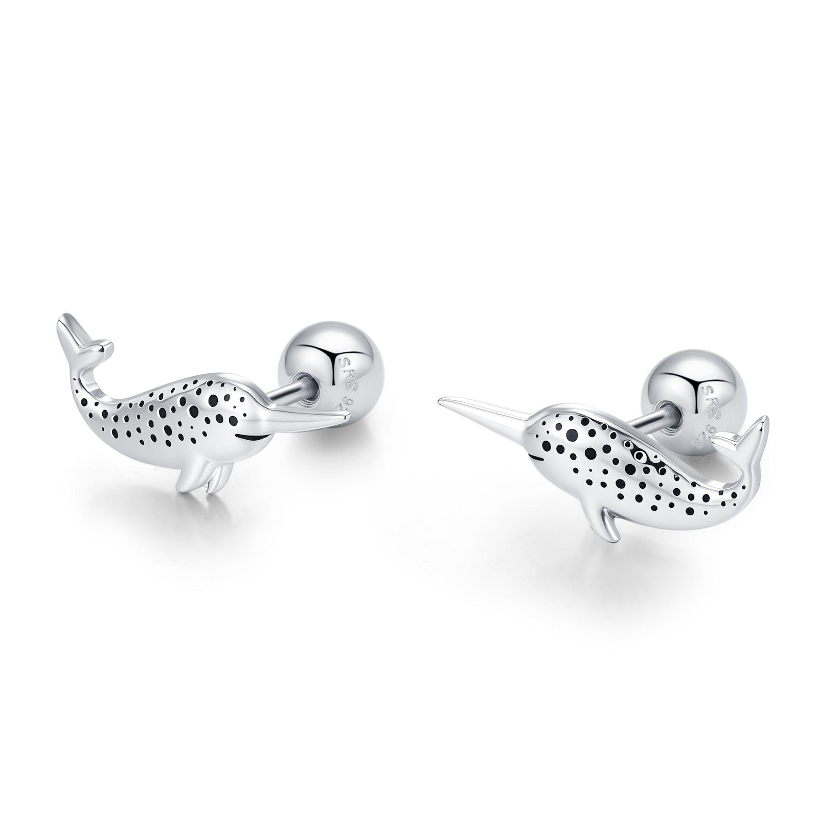 Sterling Silver Narwhal 18G Screw Back Stud Earrings