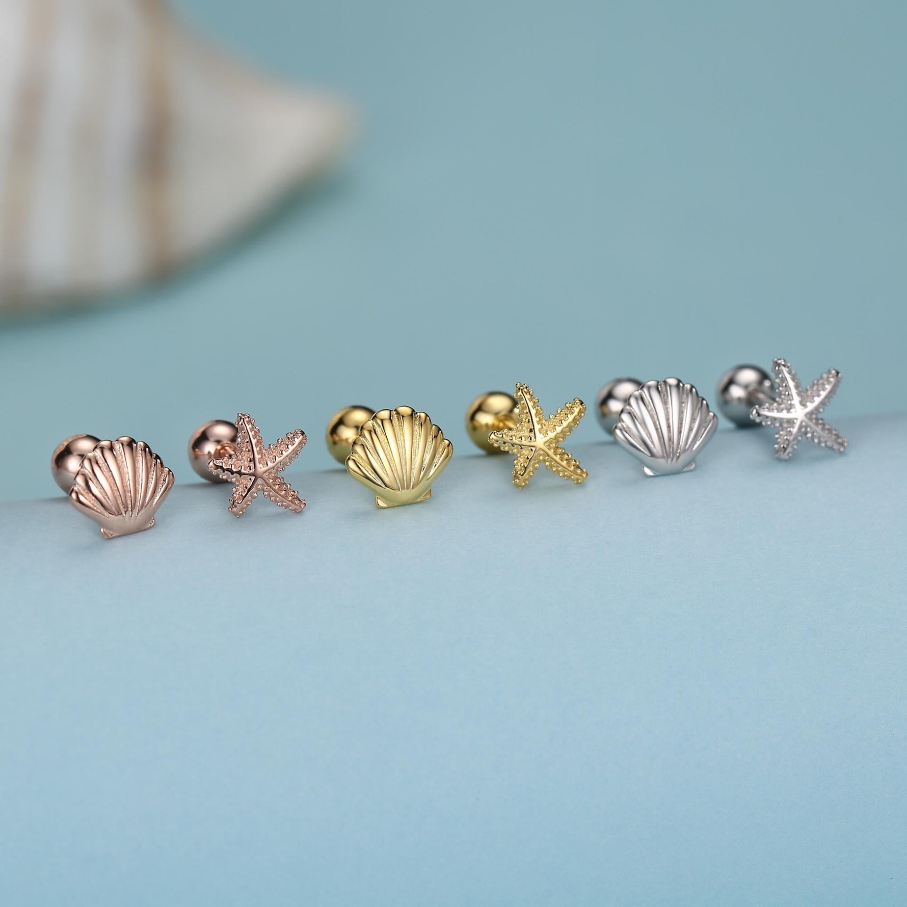 Sterling Silver Starfish and Shell 18G Screw Back Stud Earrings