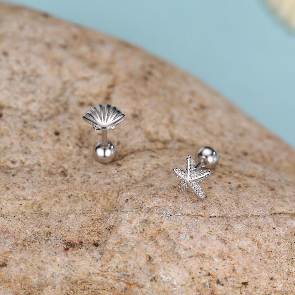 Sterling Silver Starfish and Shell 18G Screw Back Stud Earrings