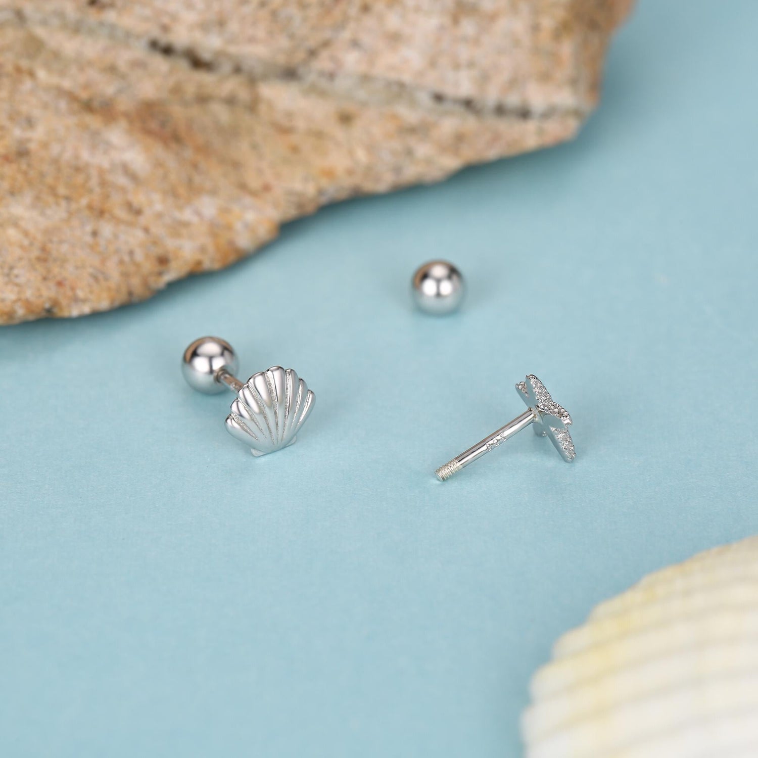 Sterling Silver Starfish and Shell 18G Screw Back Stud Earrings